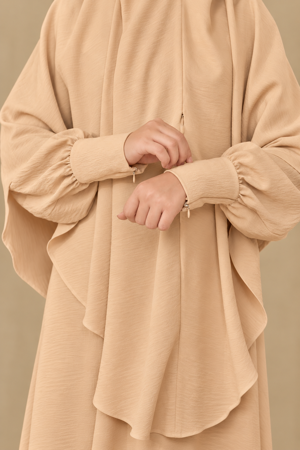 Beige Draped Garment with Cuffed Sleeves
